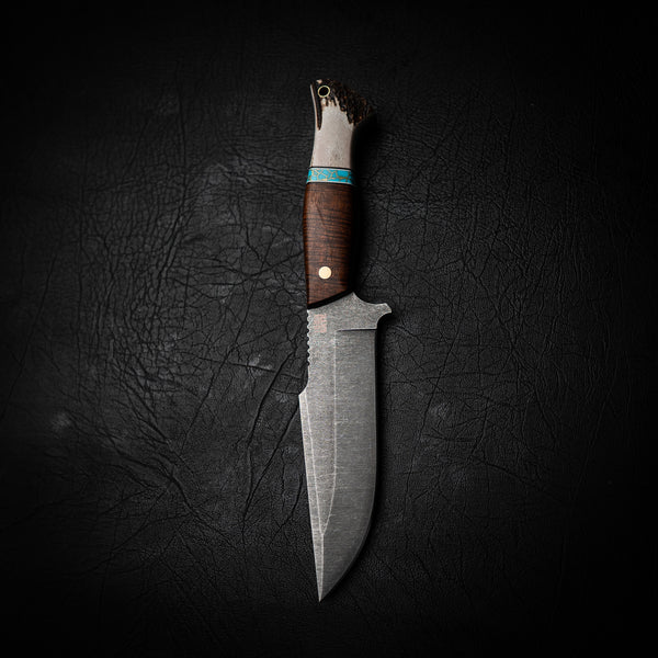 Hunter Knife – Ringed Gidgee, Blue & Brass TruStone, and Deer Antler