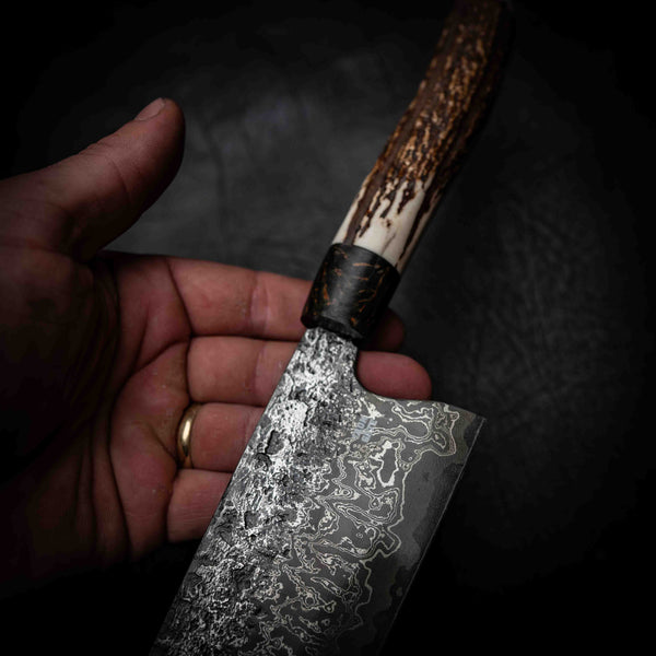 Bunka | 52100 Damascus San Mai, Deer Antler & Dyed Birch
