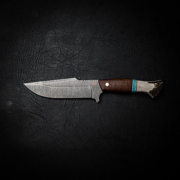 Hunter Knife – Ringed Gidgee, Blue & Brass TruStone, and Deer Antler