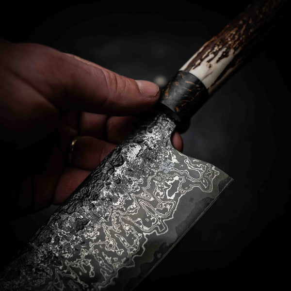 Bunka | 52100 Damascus San Mai, Deer Antler & Dyed Birch
