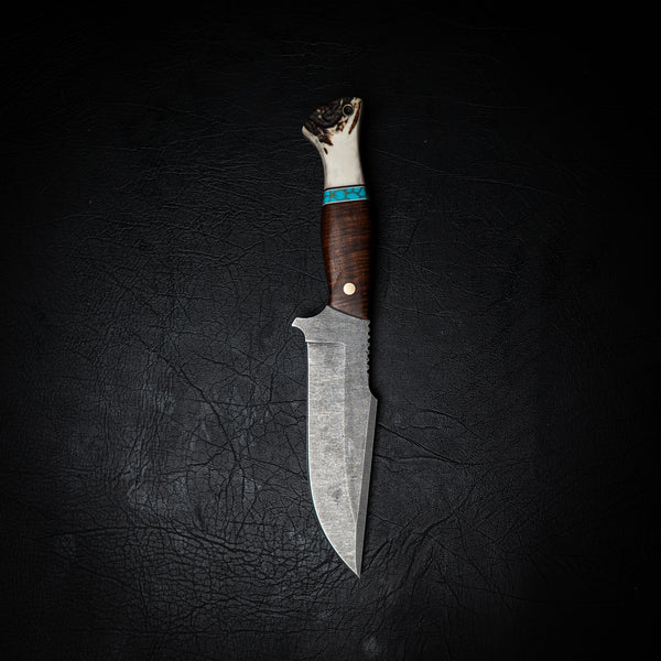 Hunter Knife – Ringed Gidgee, Blue & Brass TruStone, and Deer Antler