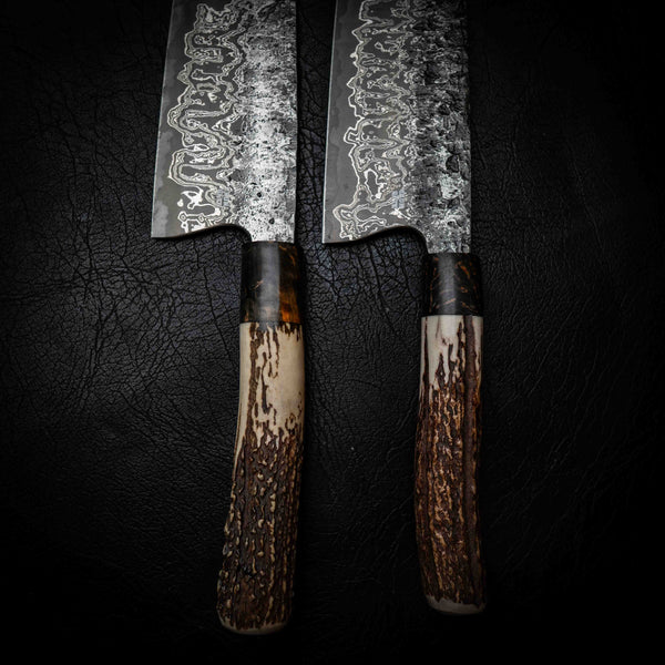 Bunka | 52100 Damascus San Mai, Deer Antler & Dyed Birch