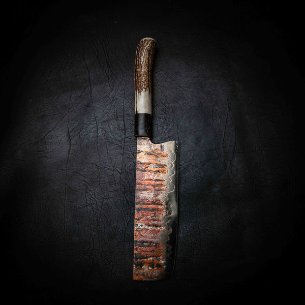 Nakiri | 52100 Coppermascus San Mai, Dyed Curly Birch & Deer Antler
