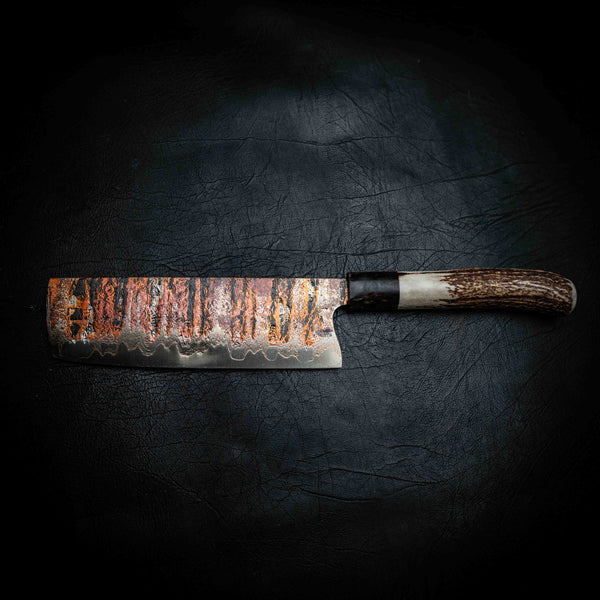 Nakiri | 52100 Coppermascus San Mai, Dyed Curly Birch & Deer Antler