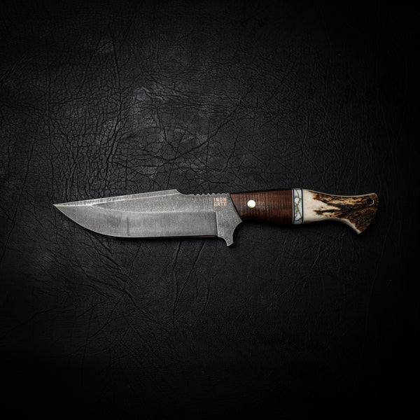 Hunter Knife – Ringed Gidgee, White & Gold TruStone, Deer Antler