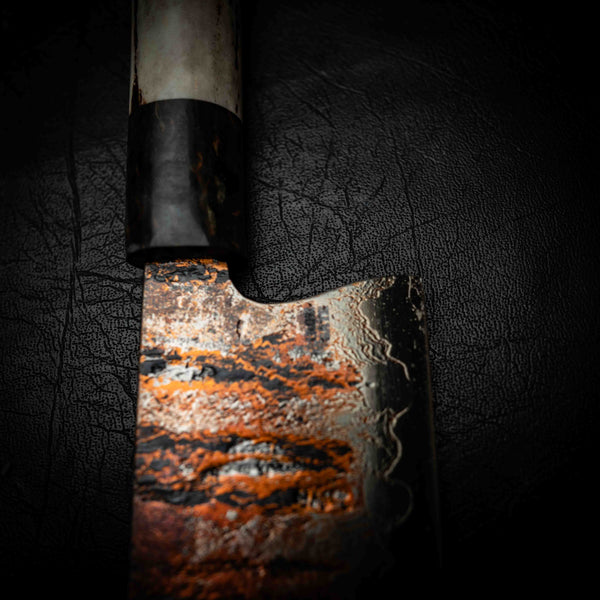 Nakiri | 52100 Coppermascus San Mai, Dyed Curly Birch & Deer Antler