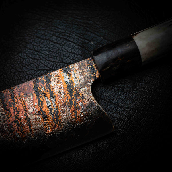 Nakiri | 52100 Coppermascus San Mai, Dyed Curly Birch & Deer Antler