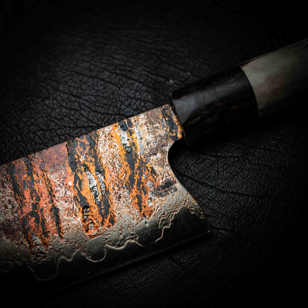 Nakiri | 52100 Coppermascus San Mai, Dyed Curly Birch & Deer Antler