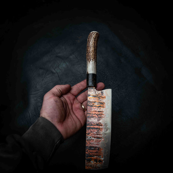 Nakiri | 52100 Coppermascus San Mai, Dyed Curly Birch & Deer Antler