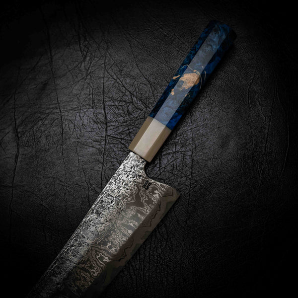 Bunka | 52100 Damascus San Mai, Blue Maple & White Buffalo Horn