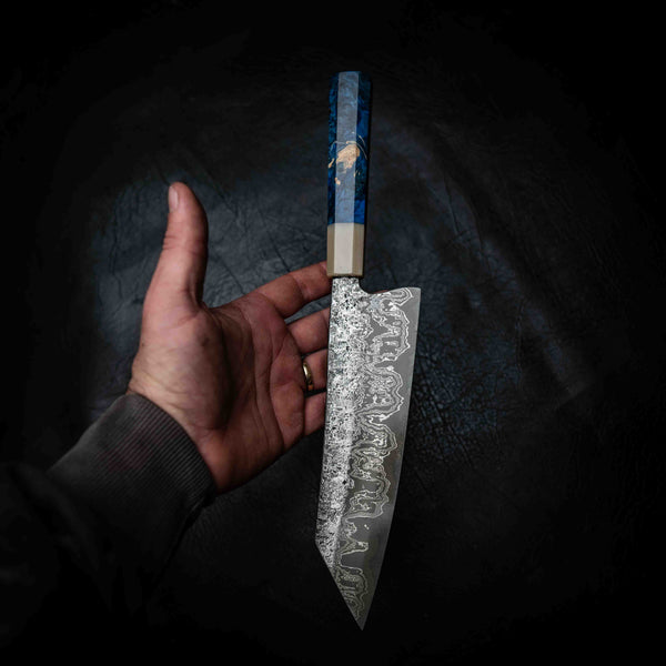 Bunka | 52100 Damascus San Mai, Blue Maple & White Buffalo Horn