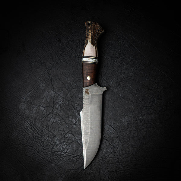 Hunter Knife – Ringed Gidgee, White & Gold TruStone, Brass Spacers & Deer Antler