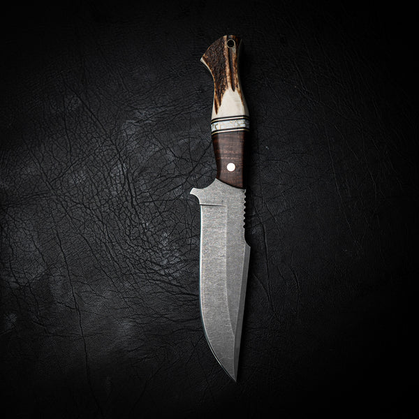 Hunter Knife – Ringed Gidgee, White & Gold TruStone, Brass Spacers & Deer Antler