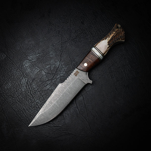 Hunter Knife – Ringed Gidgee, White & Gold TruStone, Brass Spacers & Deer Antler