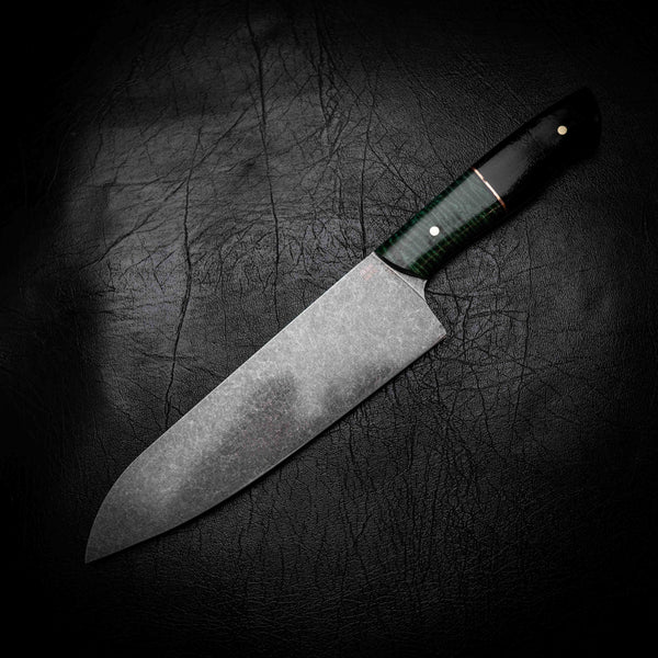 Santoku | 12C27 Stainless, Emerald Curly Mango & African Blackwood
