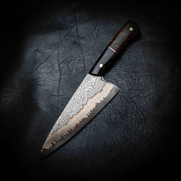 Chef Knife — 52100 Damascus San Mai | Dyed Curly Birch & Curly Mango