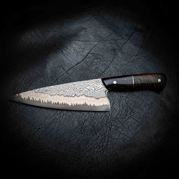 Chef Knife — 52100 Damascus San Mai | Dyed Curly Birch & Curly Mango