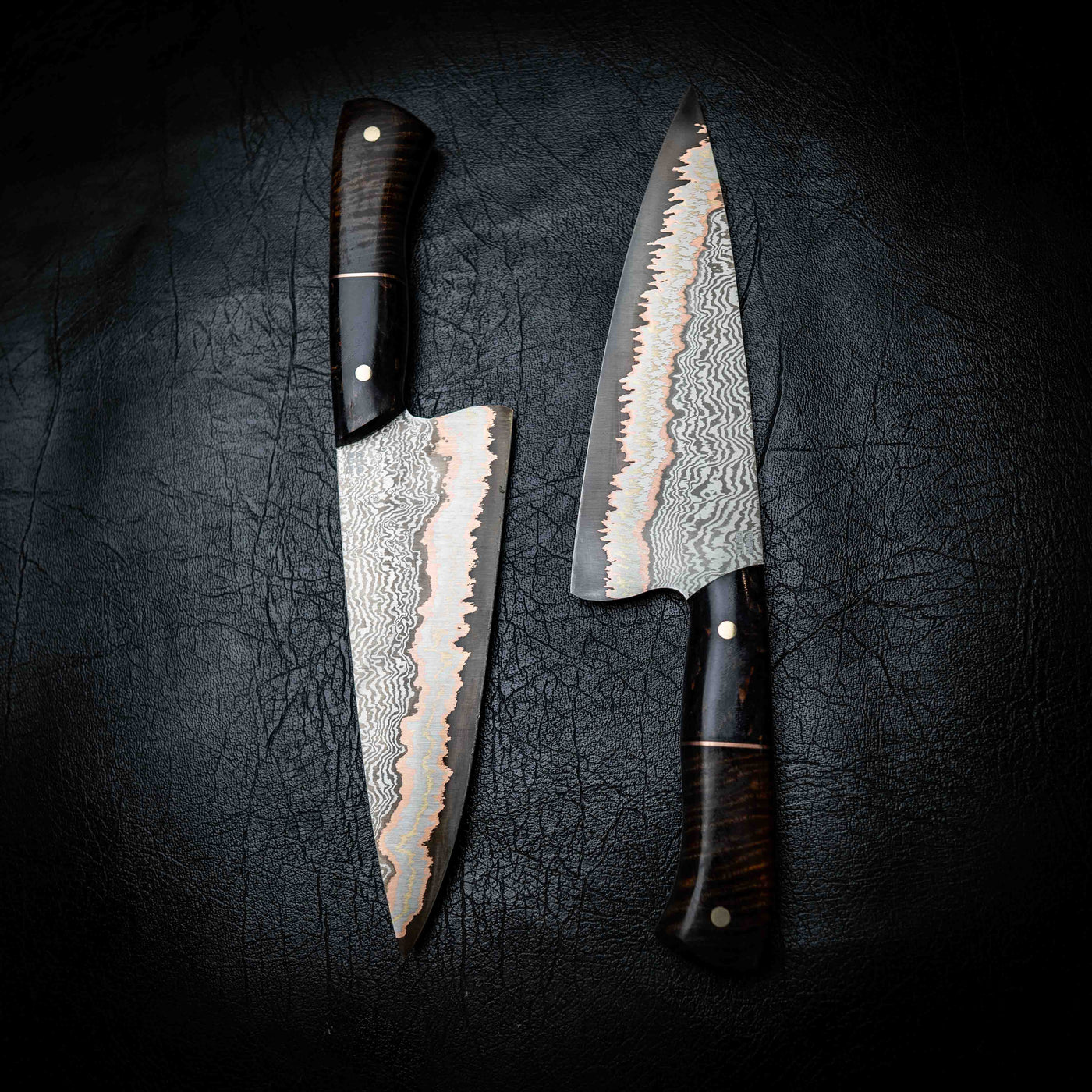 Chef Knife — 52100 Damascus San Mai | Dyed Curly Birch & Curly Mango