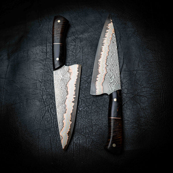Chef Knife — 52100 Damascus San Mai | Dyed Curly Birch & Curly Mango