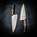 Chef Knife — 52100 Damascus San Mai | Yellow & Black Dyed Curly Birch