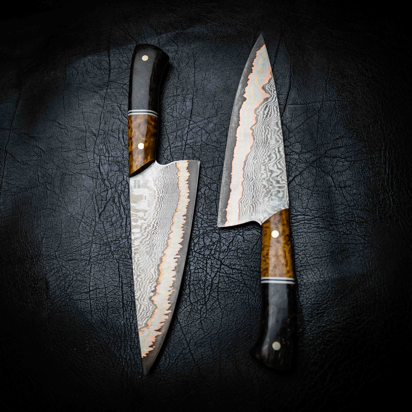 Chef Knife — 52100 Damascus San Mai | Yellow & Black Dyed Curly Birch