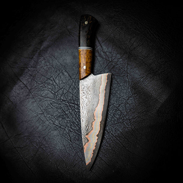 Chef Knife — 52100 Damascus San Mai | Yellow & Black Dyed Curly Birch
