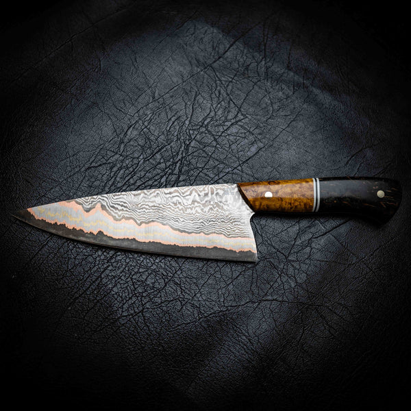 Chef Knife — 52100 Damascus San Mai | Yellow & Black Dyed Curly Birch