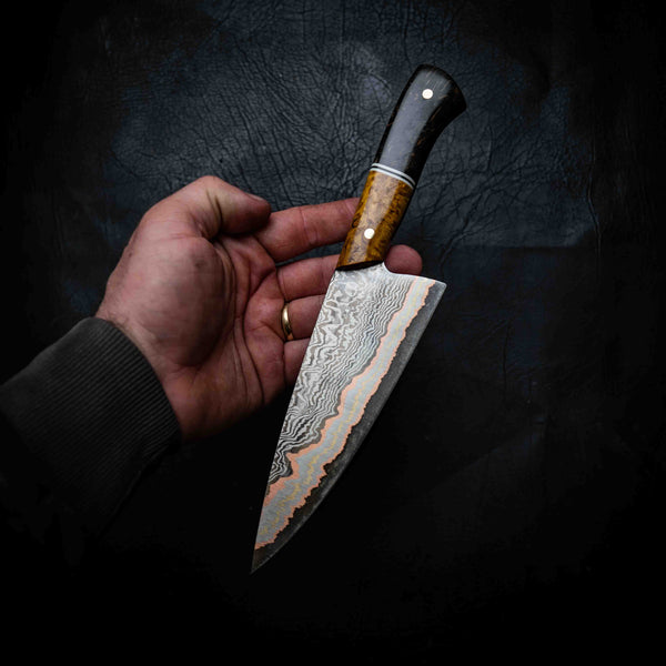 Chef Knife — 52100 Damascus San Mai | Yellow & Black Dyed Curly Birch