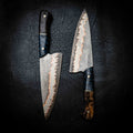 Chef Knife — 52100 Damascus San Mai | Blue Curly Mango & Dyed Curly Birch