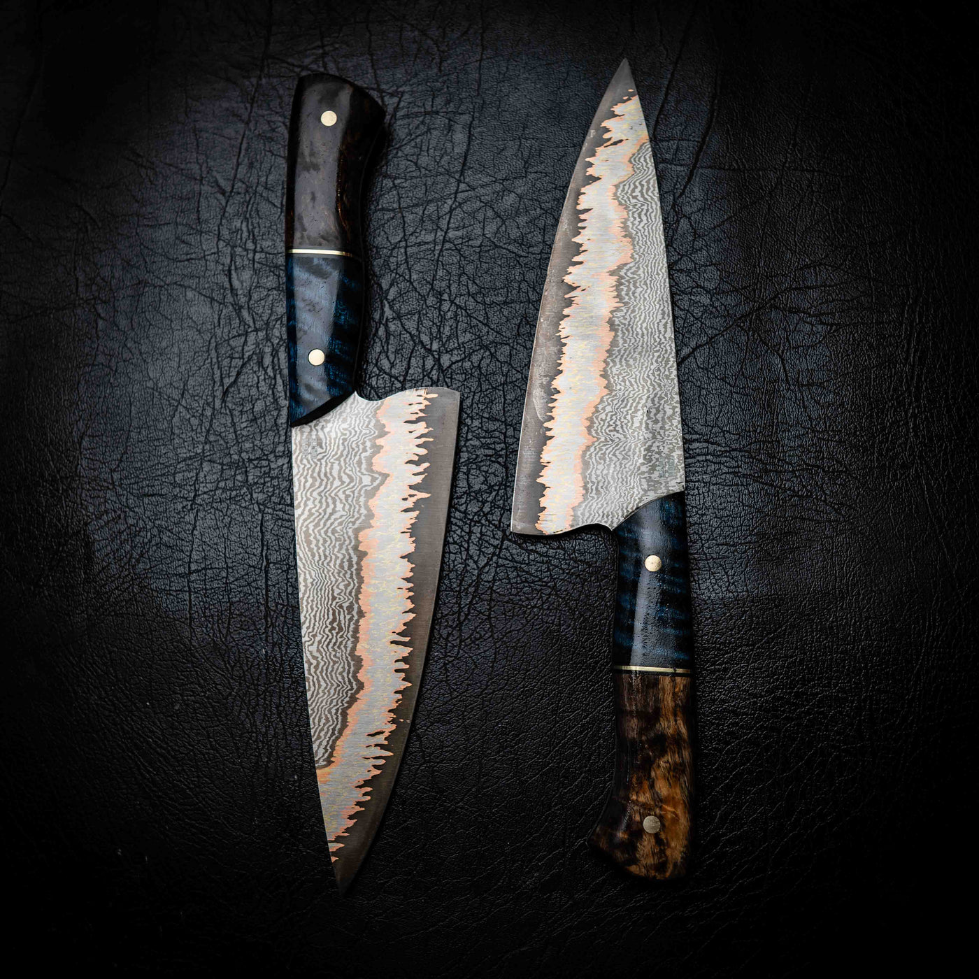 Chef Knife — 52100 Damascus San Mai | Blue Curly Mango & Dyed Curly Birch