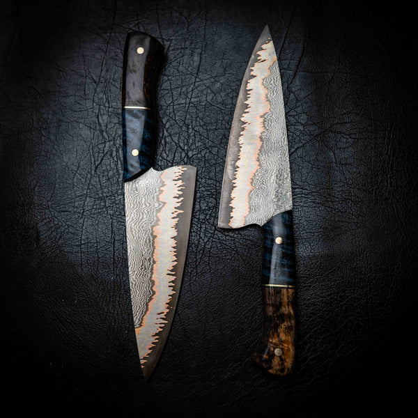 Chef Knife — 52100 Damascus San Mai | Blue Curly Mango & Dyed Curly Birch