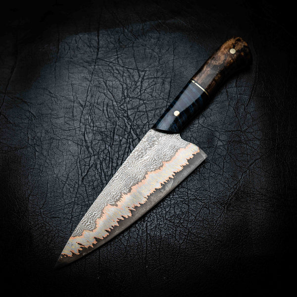 Chef Knife — 52100 Damascus San Mai | Blue Curly Mango & Dyed Curly Birch