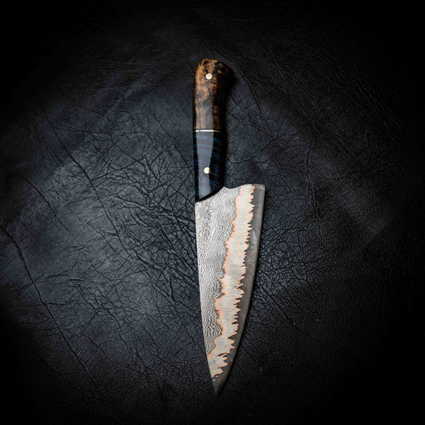Chef Knife — 52100 Damascus San Mai | Blue Curly Mango & Dyed Curly Birch