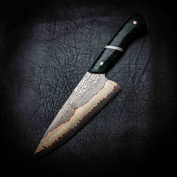 Chef Knife — 52100 Damascus San Mai | Emerald Curly Mango & Bone