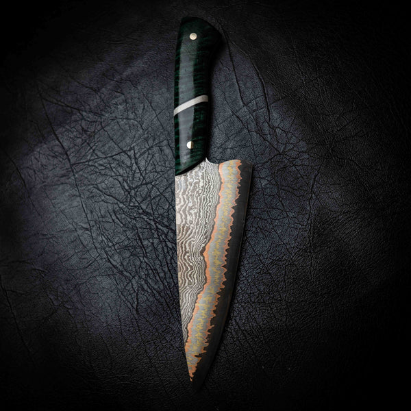 Chef Knife — 52100 Damascus San Mai | Emerald Curly Mango & Bone