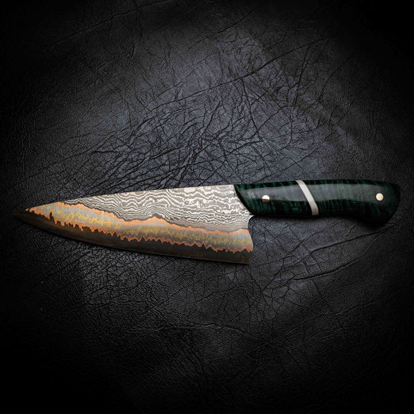 Chef Knife — 52100 Damascus San Mai | Emerald Curly Mango & Bone