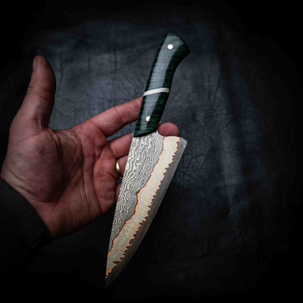 Chef Knife — 52100 Damascus San Mai | Emerald Curly Mango & Bone