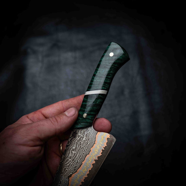Chef Knife — 52100 Damascus San Mai | Emerald Curly Mango & Bone