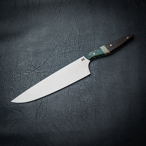 Large Chef Knife – Maple Burl, Banksia Inlay & Wenge with Brass Pins