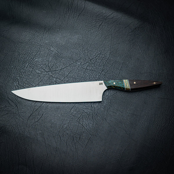 Large Chef Knife – Maple Burl, Banksia Inlay & Wenge with Brass Pins