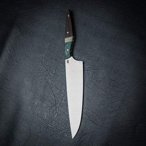 Large Chef Knife – Maple Burl, Banksia Inlay & Wenge with Brass Pins