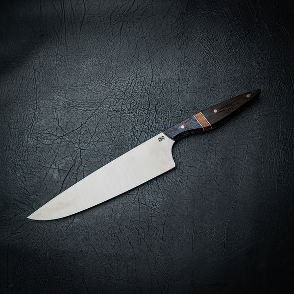 Large Chef Knife – Maple Burl, Yellow Banksia Inlay & Wenge with Brass Pins