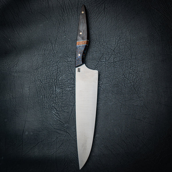 Large Chef Knife – Maple Burl, Yellow Banksia Inlay & Wenge with Brass Pins