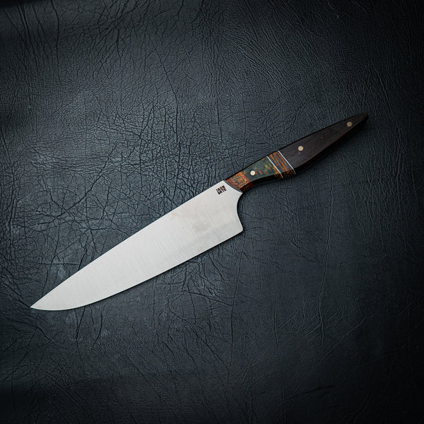 Large Chef Knife – Dyed Maple Burl, Black Palm & Wenge