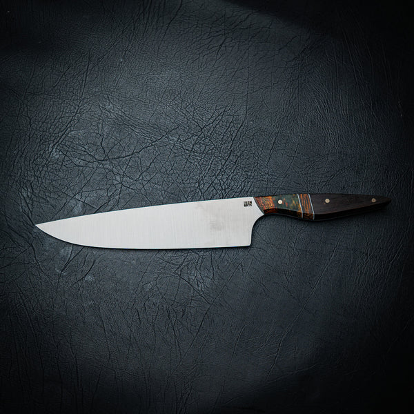 Large Chef Knife – Dyed Maple Burl, Black Palm & Wenge