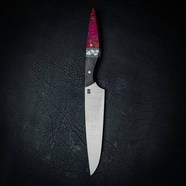 Small Chef Knife – African Blackwood, White Trustone & Pink Dyed Birch
