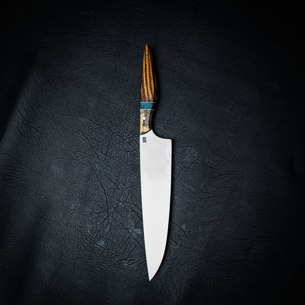 Large Chef Knife – Spalted Poplar, Blue Dyed Maple Inlay & Maple Burl