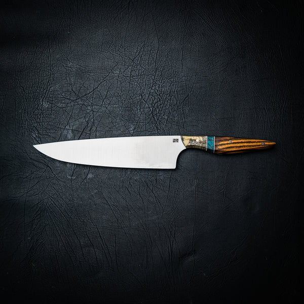 Large Chef Knife – Spalted Poplar, Blue Dyed Maple Inlay & Maple Burl