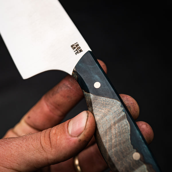 Large Chef Knife – Curly Maple & Blue Epoxy Hybrid