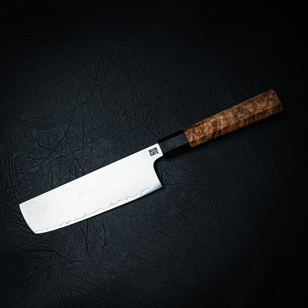 Nakiri Knife – Raindrop Damascus Stainless with Maple Burl & Ebony Handle